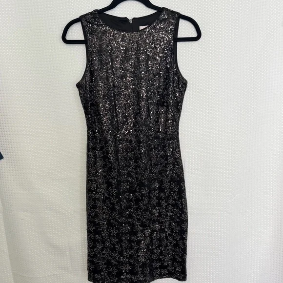 Badgley Mischka Black Silver Sequin Floral Lace Cocktail Dress Size 4 Sleeveless - Picture 4 of 10